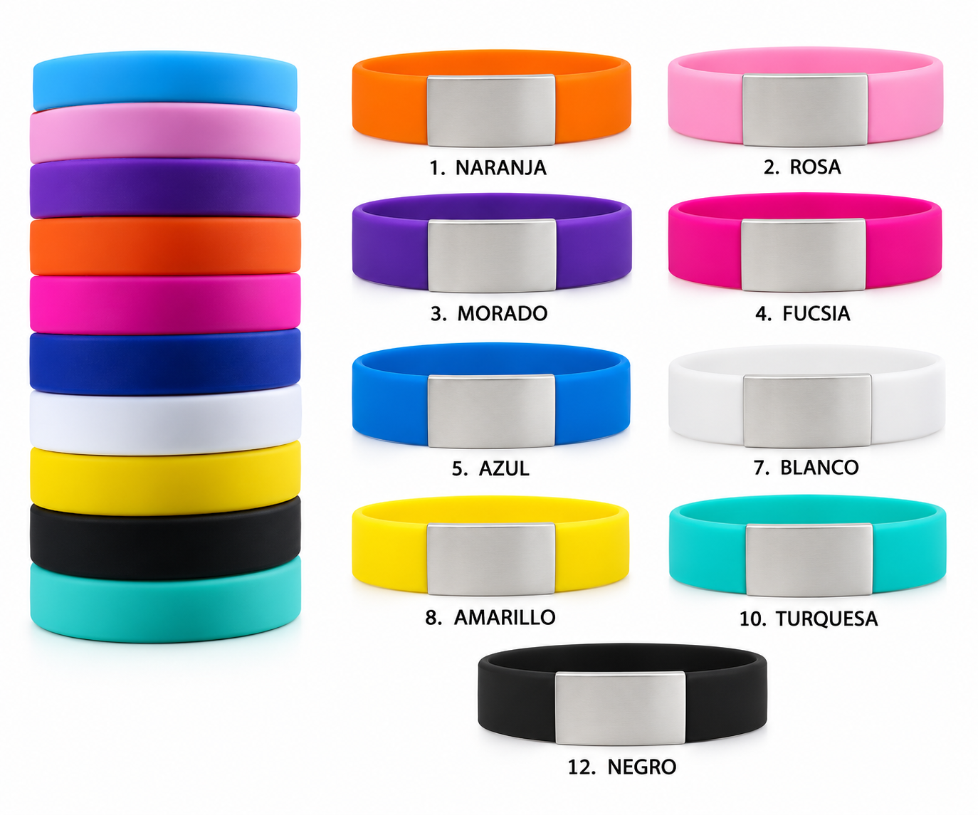 Brazalete Slim ID De Silicona De Varios Tamaños 160mm- Y Variados Colores Con Placa Metal De 13 Mm De Ancho  *se Puede Estirar Para Caber Sobre La Mano*