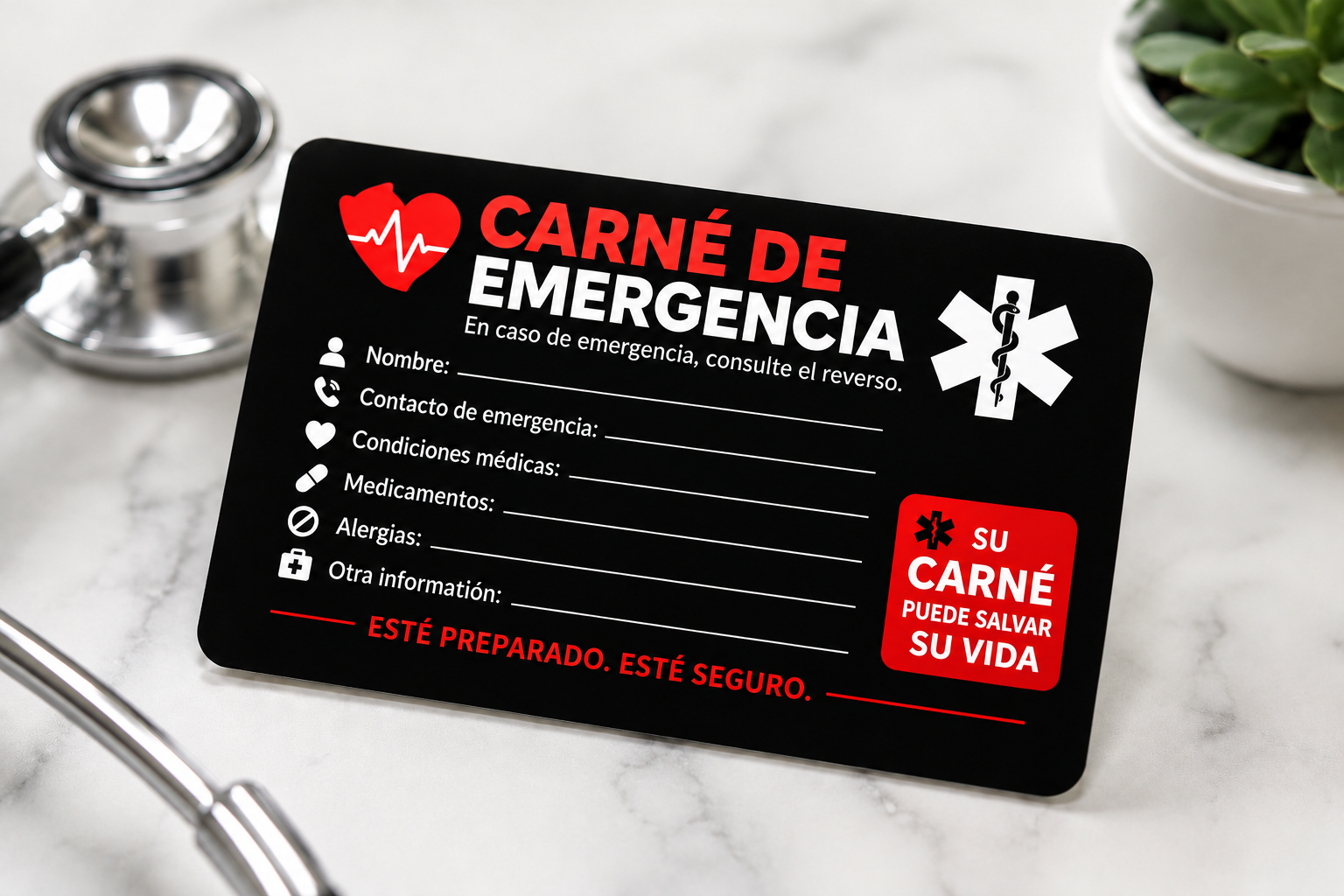 Carné De Emergencia Médica Personalizado.Precio Por 2 Años De Servicio.
